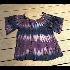 Blue Spero Boho Purple Tie Dye Flowy Cold Shoulder Top USA Boutique Lani CA